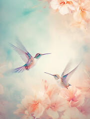 Abstract hummingbirds floral background, calm, peaceful, painterly, wallpaper, printed, poster