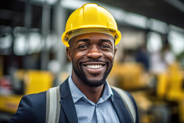 Adult african american male engineer in suit and hard hat at factory, portrait of smiling inspector at construction site outdoors - obrazy, fototapety, plakaty