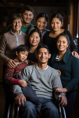 Fototapeta premium People with disabilities in a wheelchair perform daily tasks. Families with disabilities cook together, eat, communicate, laugh, showcasing the beauty of shared moments that transcend differences.