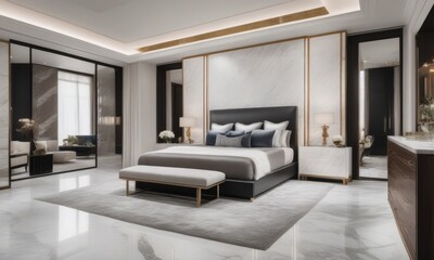 A Luxurious Master Bedroom, A Modern White Marble Haven, With Wide-Angle View, High-End Modern Luxury