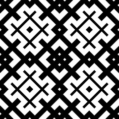 Repeated white figures and symbols on black background. Seamless surface pattern design with ethnic ornament. Embroidery wallpaper. Mosaic motif. Digital paper for page fills, web designing. Vector.