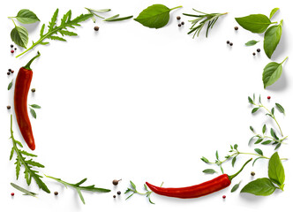 frame / border PNG Food design element. Spices and herbs with real transparent shadow on transparent background. Variety of spices and mediterranean herbs.