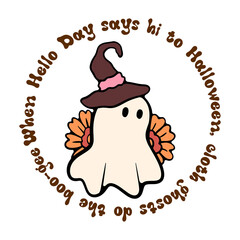 Retro Ghost Halloween t-shirt design. Cute cartoon. vintage illustration