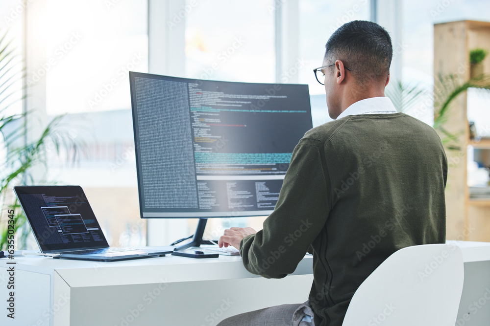 Leinwandbilder Programmer, technician man and computer for coding, software script or cyber security in office. Behind IT engineer person with technology for programming, future and data analytics or innovation