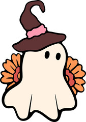 Retro Ghost Halloween t-shirt design. Cute cartoon. vintage illustration