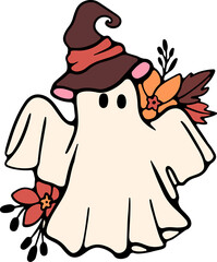 Retro Ghost Halloween t-shirt design. Cute cartoon. vintage illustration