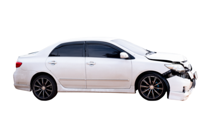 Front and side of white car get damaged by accident on the road. damaged cars after collision. isolated on transparent background, PNG file.