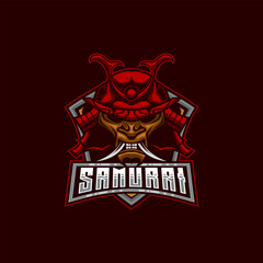 Samurai Warrior Mask E-Sport Mascot Logo Design Vector Illustration