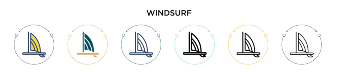 Windsurf icon in filled, thin line, outline and stroke style. Vector illustration of two colored and black windsurf vector icons designs can be used for mobile, ui, web