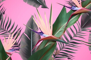pink seamless jungle leaf flower orange tropical colorful trendy pattern. Generative AI.