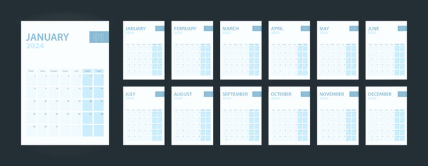 Vertical calendar 2024, set of 12 pages of calendar 2024.