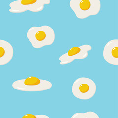 Seamless pattern of fried eggs on a blue background. Vector illustration