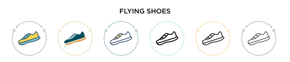 Flying shoes icon in filled, thin line, outline and stroke style. Vector illustration of two colored and black flying shoes vector icons designs can be used for mobile, ui, web