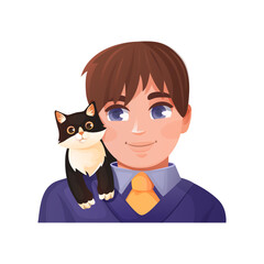 Boy with a cat on his shoulders. Cartoon vector illustration