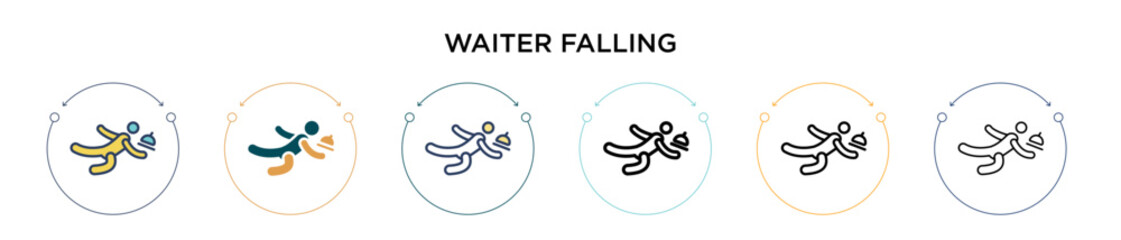 Waiter falling icon in filled, thin line, outline and stroke style. Vector illustration of two colored and black waiter falling vector icons designs can be used for mobile, ui, web