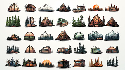 Set of vintage logos for a camping theme. Perfect for t-shirt designs and more, Generative AI. - obrazy, fototapety, plakaty