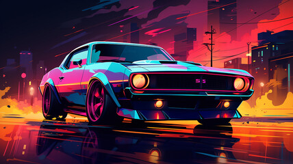 The original illustration of an American muscle car in retro neon style, Generative AI. - obrazy, fototapety, plakaty