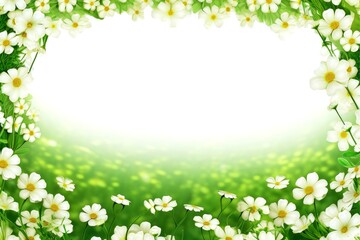 Obraz na płótnie Canvas Floral border frame card template. green flowers, leaves, for banner, wedding card. Springtime composition with copy-space