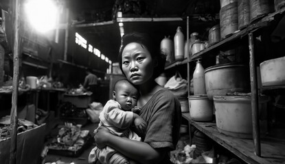 Fototapeta na wymiar Asian woman holds her baby in her arms in the dining room, ai art