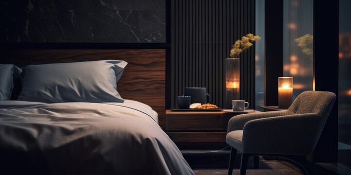 Luxury hotel room with elegant king size bed and soft cushions in dark muted colors