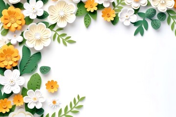 Obraz premium Floral border frame card template. green flowers, leaves, for banner, wedding card. Springtime composition with copy-space