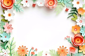 Fototapeta na wymiar Floral border frame card template. green flowers, leaves, for banner, wedding card. Springtime composition with copy-space