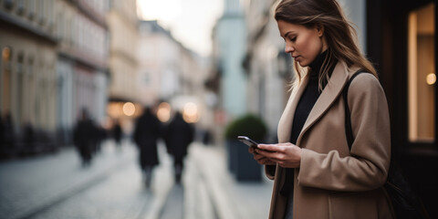 Elegant young woman holding a smartphone on the street trying to contact someone and looking for direction or help