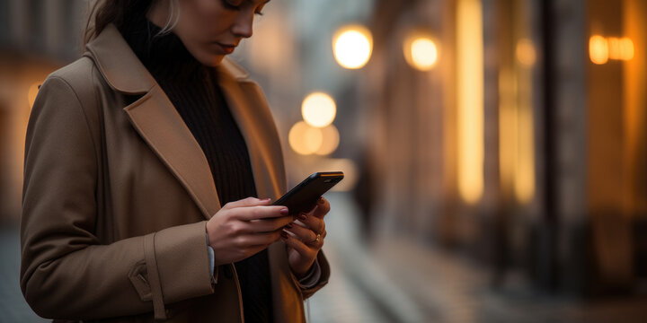 Elegant young woman holding a smartphone on the street trying to contact someone and looking for direction or help
