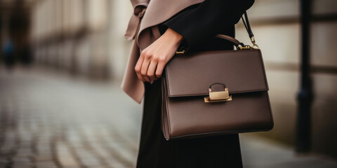 Close up of a young elegant woman with a brown luxury leather handbag standing on the streets of copenhagen - obrazy, fototapety, plakaty