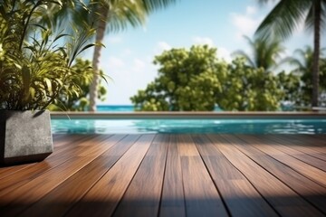 Fototapeta premium Empty wooden floor near the pool