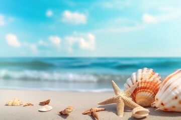 Obraz na płótnie Canvas Beach with seashells and starfish and sky