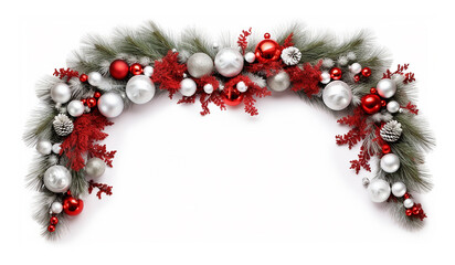 Arch-shaped Christmas pine branches of ornaments in red and silver on white background. Flat lay. Copy space. Created using Generative AI.