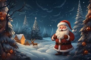 Celebrating the winter season with Santa Claus in the snow, New Year's card style. Merry christmas concept