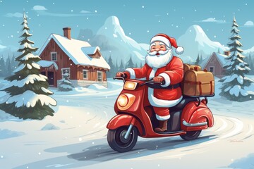 Santa Claus on a scooter. Merry christmas and happy new year concept