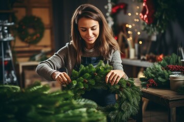 A woman makes a Christmas wreath at home on the eve of the holidays. Merry christmas and happy new year concept.