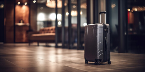 A lost suitcase in a airport or elegant hotel lobby - obrazy, fototapety, plakaty