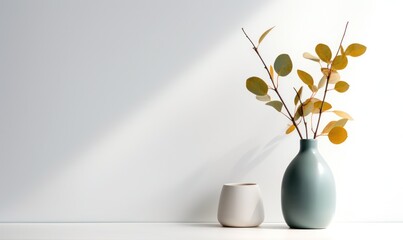 Beautiful eucalyptus flower in ceramic vase on white background. Minimalist interior decor with copy space