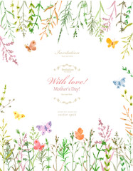 watercolor floral banner with butterflies. invitation card with - 635506569
