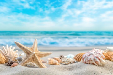 Fototapeta na wymiar Beach with seashells and starfish and sky