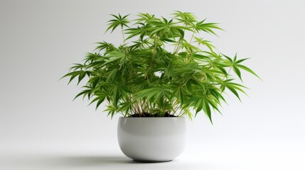 Cannabis plant in a flower pot on a white background. 