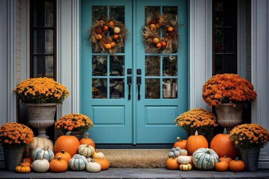 Front door with fall decor, pumpkins and autumnthemed decorations