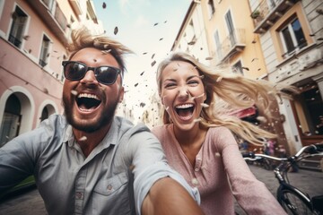 Couple on bike together riding in a city