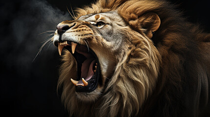Lion's Powerful Roar: A lion roars, its powerful voice echoing through the night. © Bartek