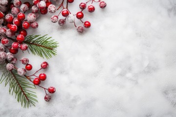 Christmas pine branch background with berries and icing