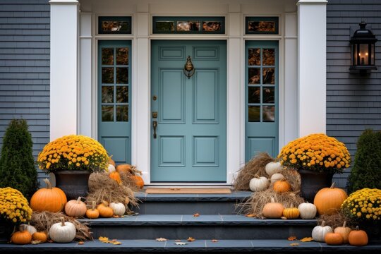 Front door with fall decor, pumpkins and autumnthemed decorations