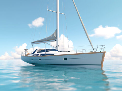 A modern yacht is anchored in the sea off the coast. The sails are lowered so that the ship does not move.
