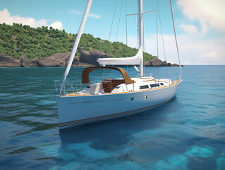 Fototapeta premium A modern yacht is anchored in the sea off the coast. The sails are lowered so that the ship does not move.