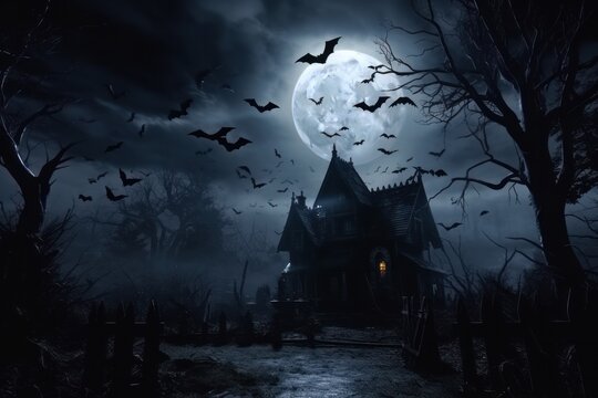 A dark image of a haunted house with flying bats