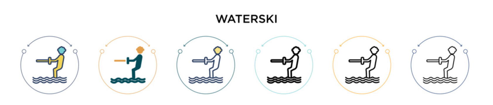 Waterski icon in filled, thin line, outline and stroke style. Vector illustration of two colored and black waterski vector icons designs can be used for mobile, ui, web