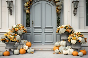 Front door with fall decor, pumpkins and autumnthemed decorations - obrazy, fototapety, plakaty